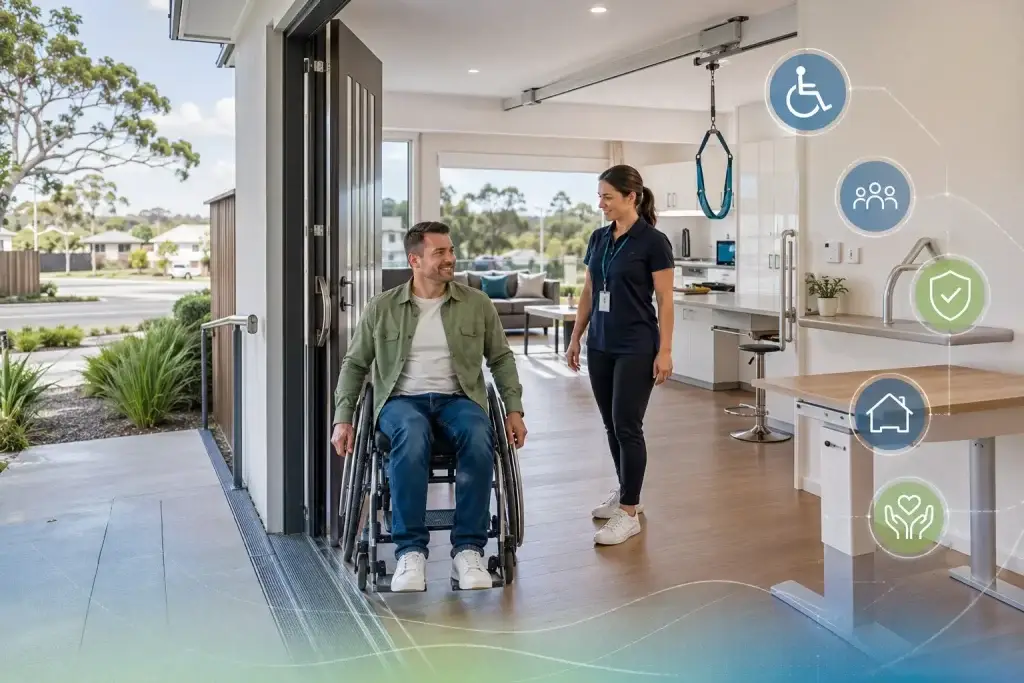 Modern Specialist Disability Accommodation (SDA) home in Australia featuring wheelchair-accessible design, step-free entry, and accessible living spaces for NDIS participants.