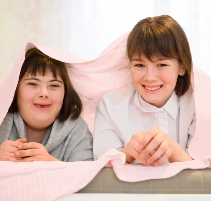 Expert caring of disablity cute girl and teaching how to live independently